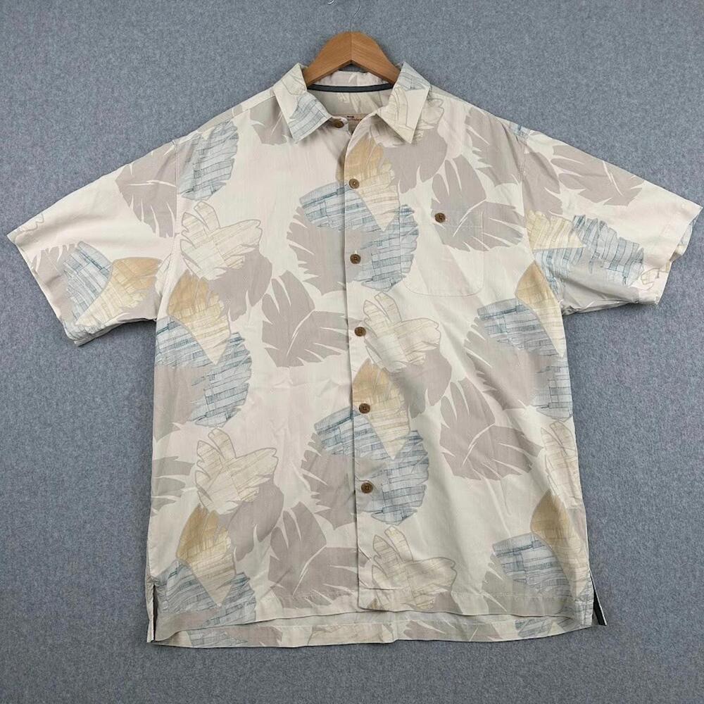 Tommy Bahama Mens Large Hawaiian 100% Silk‎ Shirt Button Up SS Palm Leaves White